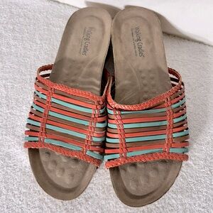 Walking Cradles Orange Green Leather Slip On Sandals 13